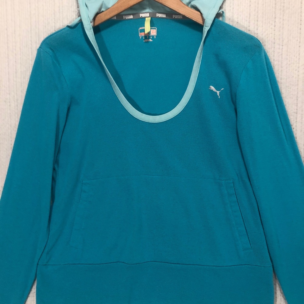Puma Teal Blue Hoodie Athletic Pullover Kangaroo Pocket Logo Women Size Large